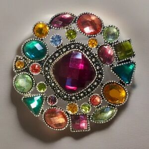 Vintage Flower Rosette Multi Rhinestone PREMIER DESIGN Silver Tone Brooch